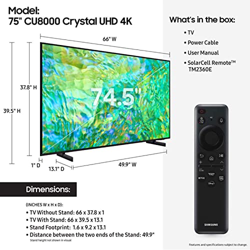 SAMSUNG 65-Inch Class Crystal UHD 4K CU8000 Series PurColor,Object Tracking Sound Lite, Q-Symphony, Motion Xcelerator, Ultra Slim, Solar Remote, Smart TV with Alexa Built-in (UN65CU8000,2023 Model)