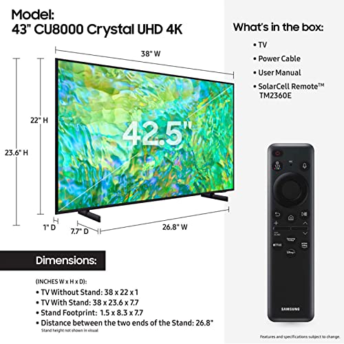 SAMSUNG 65-Inch Class Crystal UHD 4K CU8000 Series PurColor,Object Tracking Sound Lite, Q-Symphony, Motion Xcelerator, Ultra Slim, Solar Remote, Smart TV with Alexa Built-in (UN65CU8000,2023 Model)